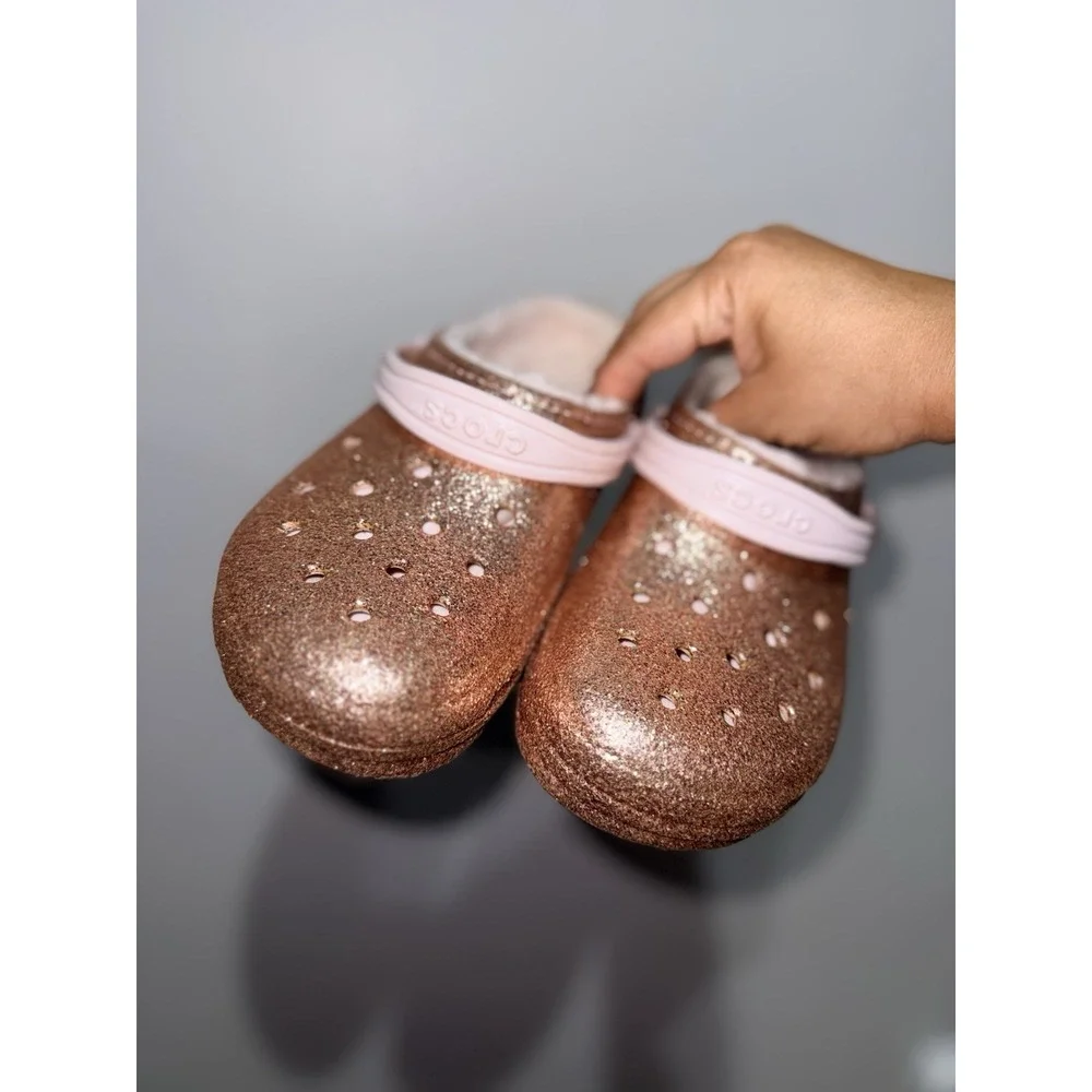 Crocs Classic Pink RoseGold Glitter Girl's J5 Faux Fur Lined Clogs Bling Flash R